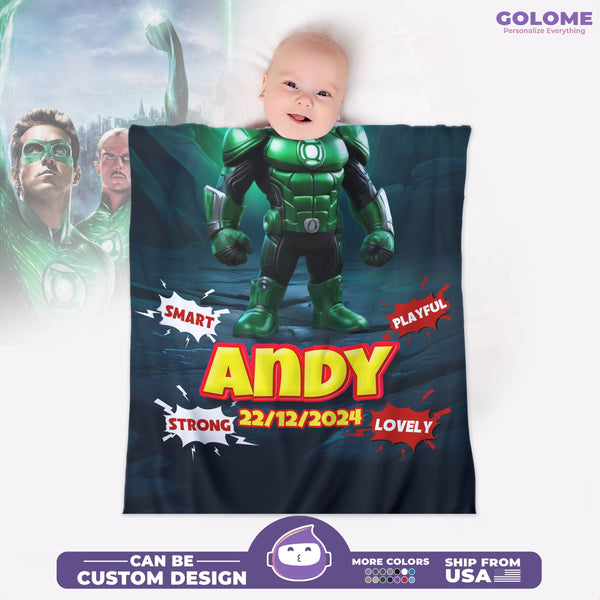 Personalized Baby Superhero Blanket – Green Lantern Style | Custom Name, Date & Background